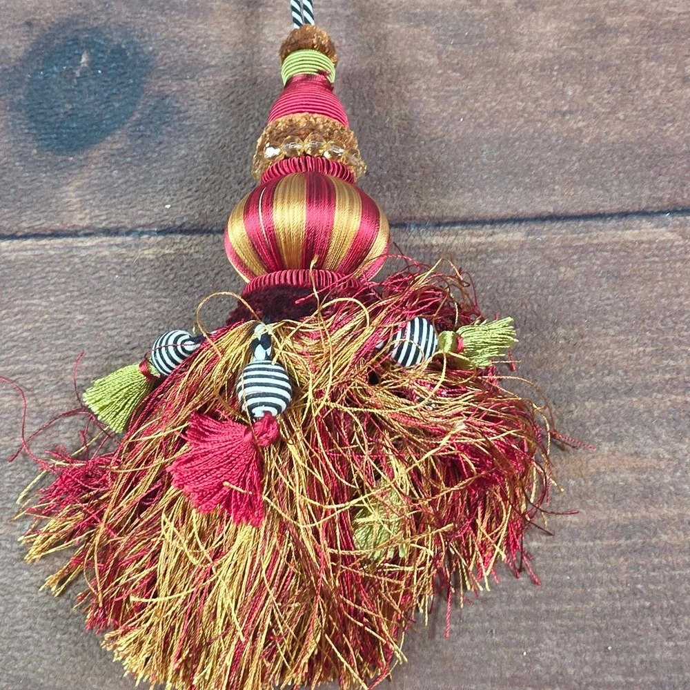 MacKenzie-Childs Tassel Ornament Red Gold Good Whimsical Beaded Fringe Decor